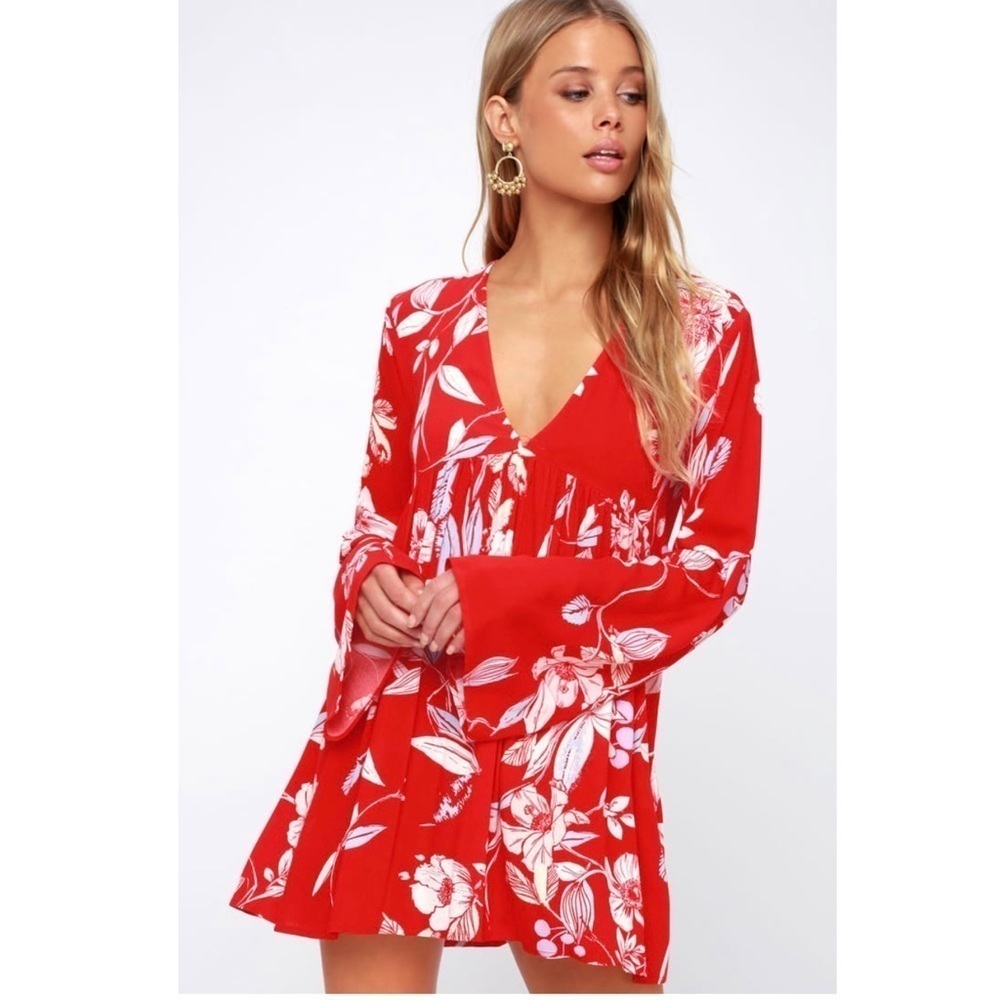 Free People Bella Red Floral Print Bohemian Flowy Tropical Tunic